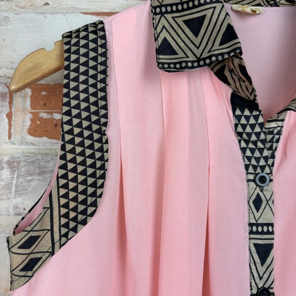 Vintage Four Seasons Geometric Trim Sheer Blouse Pink Black Art‎ Deco Small - Picture 5 of 8
